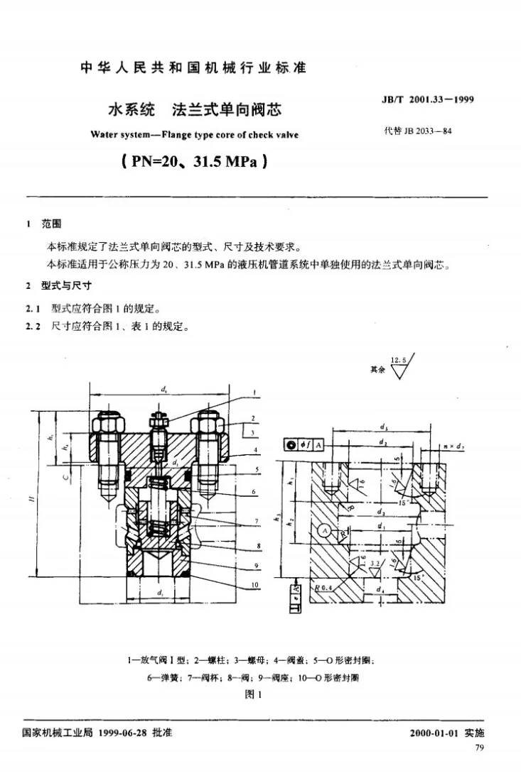 JB/T 2001.33-1999 水系统 法兰式单向阀芯(PN=20～31.5MPa)第2页预览图