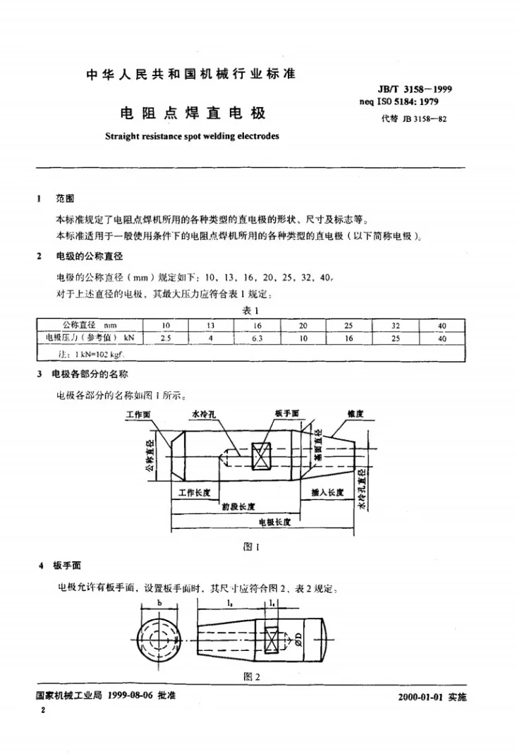 JB/T 3158-1999 电阻点焊直电极第2页预览图