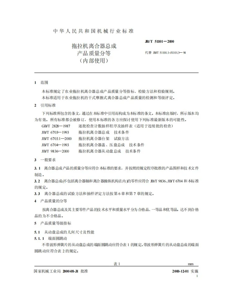 JB/T 51101-2000 拖拉机离合器总成 产品质量分等第3页预览图