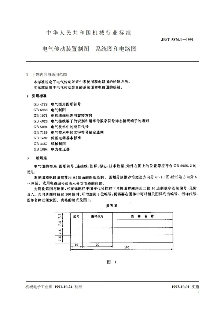 JB/T 5876.1-1991 电气传动装置制图 系统图和电路图第2页预览图