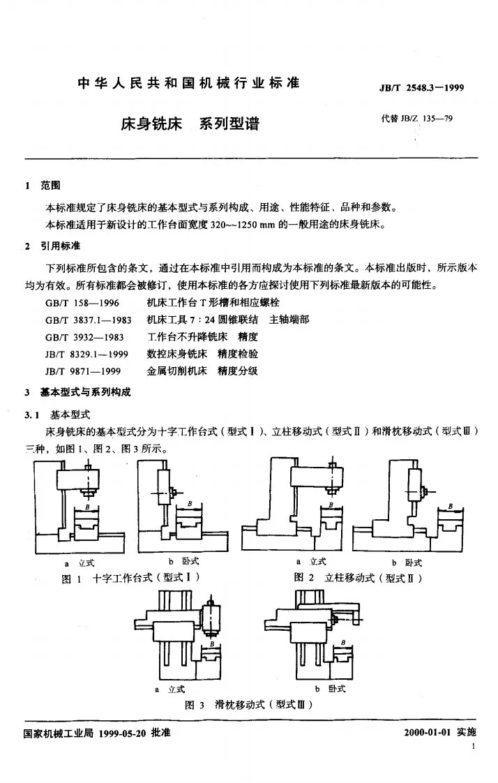 JB/T 2548.3-1999 床身铣床 系列型谱第3页预览图
