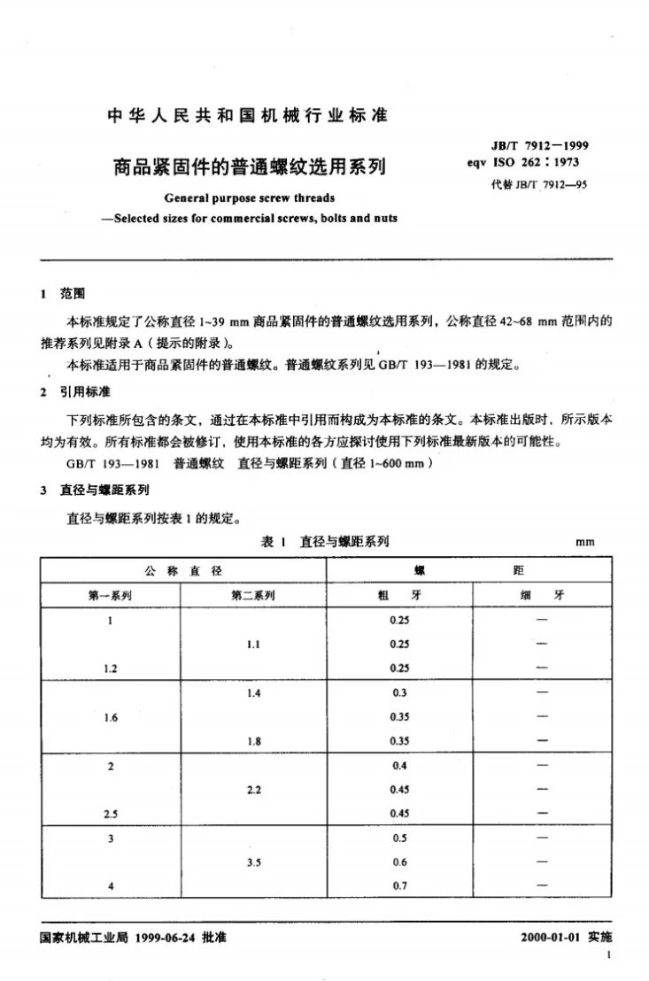 JB/T 7912-1999 商品紧固件的普通螺纹选用系列第3页预览图