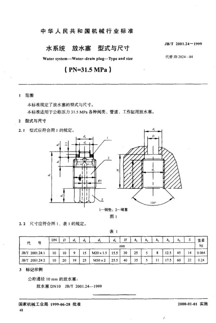 JB/T 2001.24-1999 水系统 放水塞 型式与尺寸(PN=31.5MPa)第2页预览图