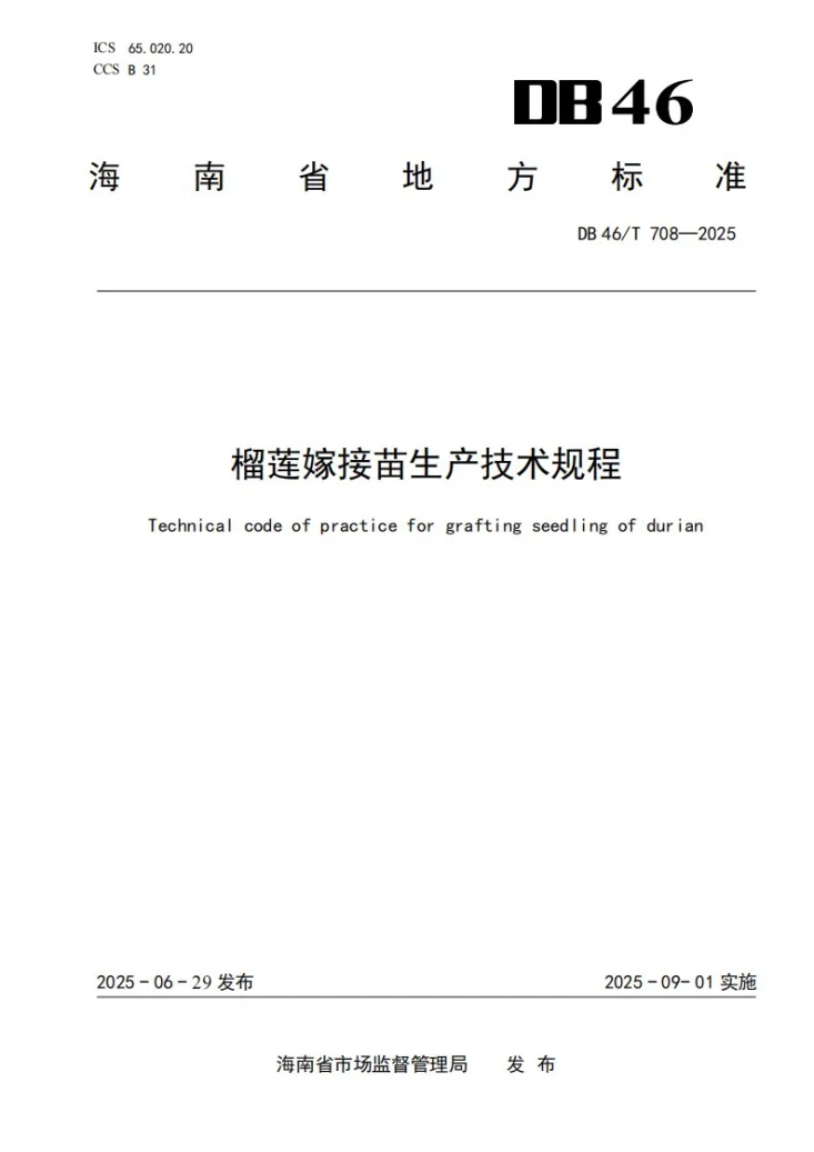 DB46/T 708-2025 榴莲嫁接苗生产技术规程第1页预览图