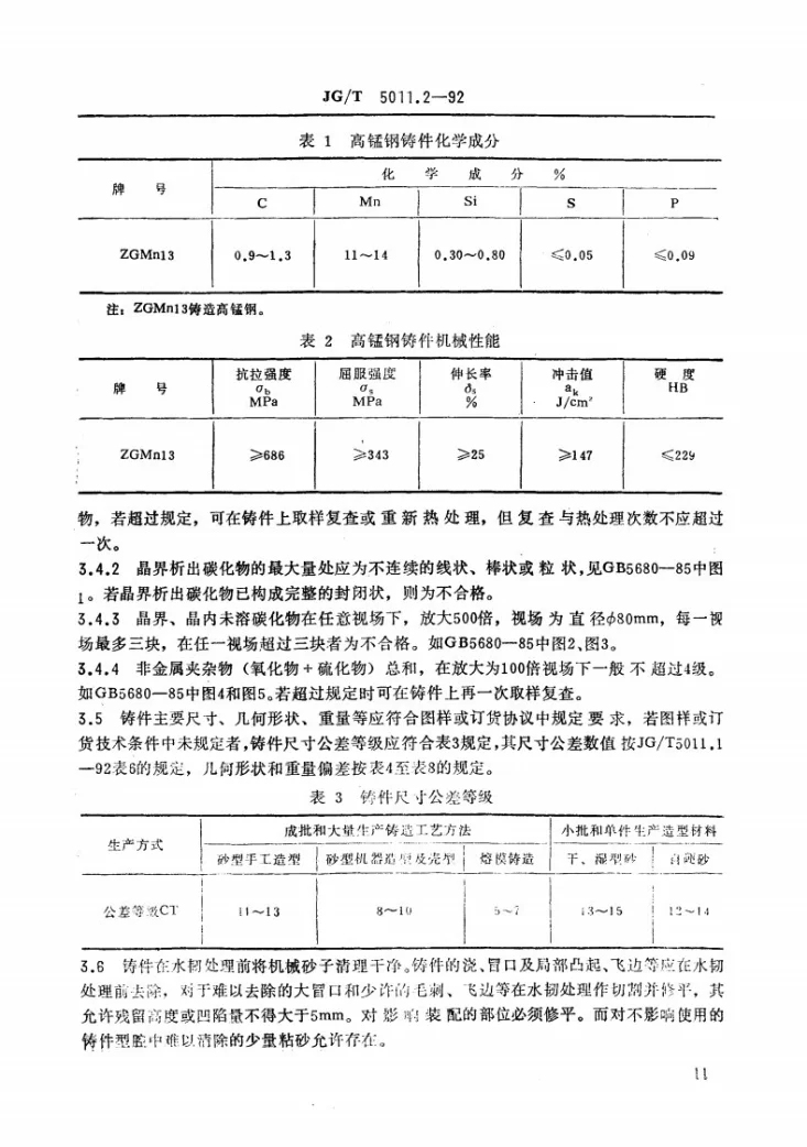 JG/T 5011.2-1992 建筑机械与设备高锰钢件通用技术条件第2页预览图