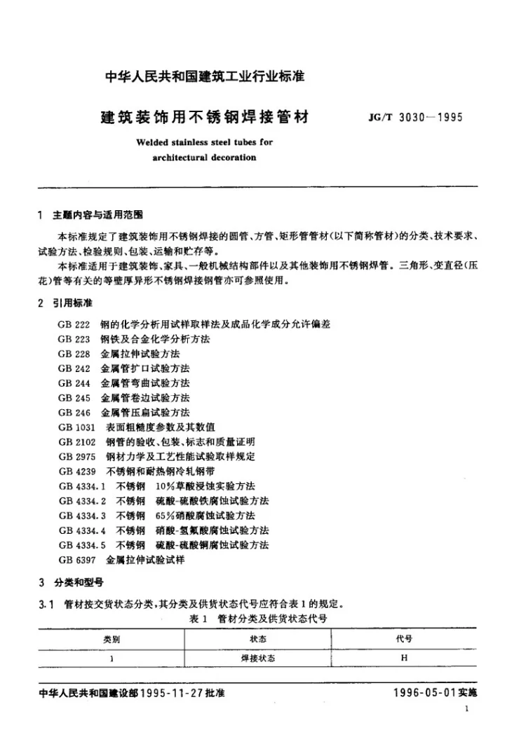 JG/T 3030-1995 建筑装饰用不锈钢焊接管材第2页预览图