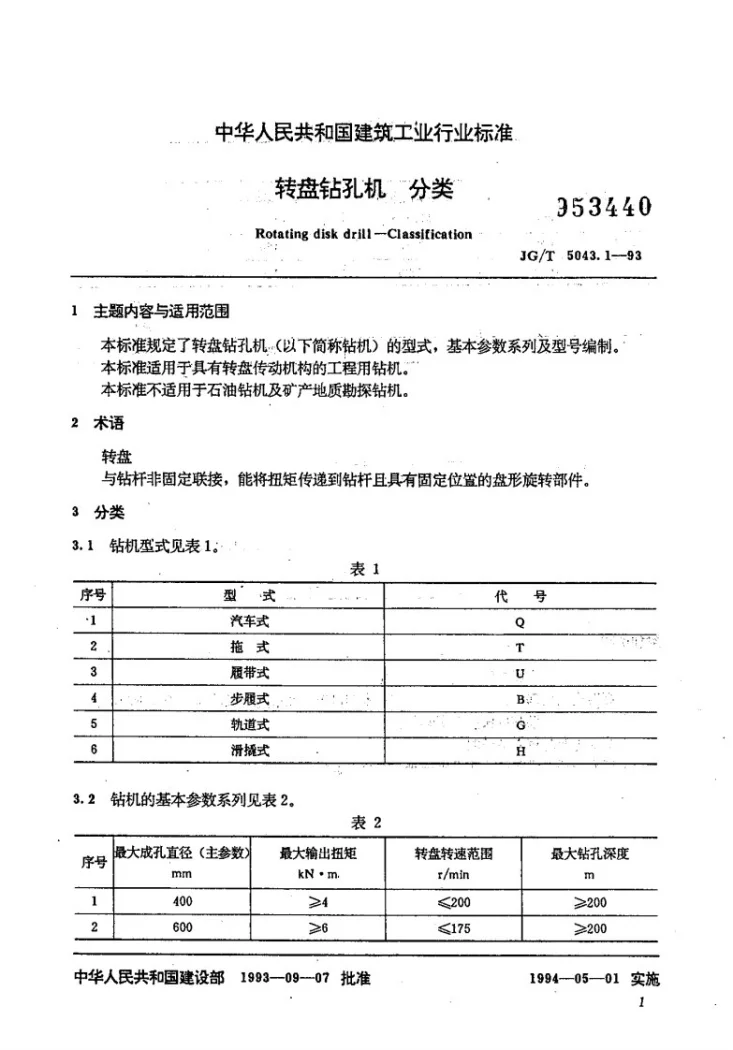 JG/T 5043.1-1993 转盘钻孔机分类第1页预览图