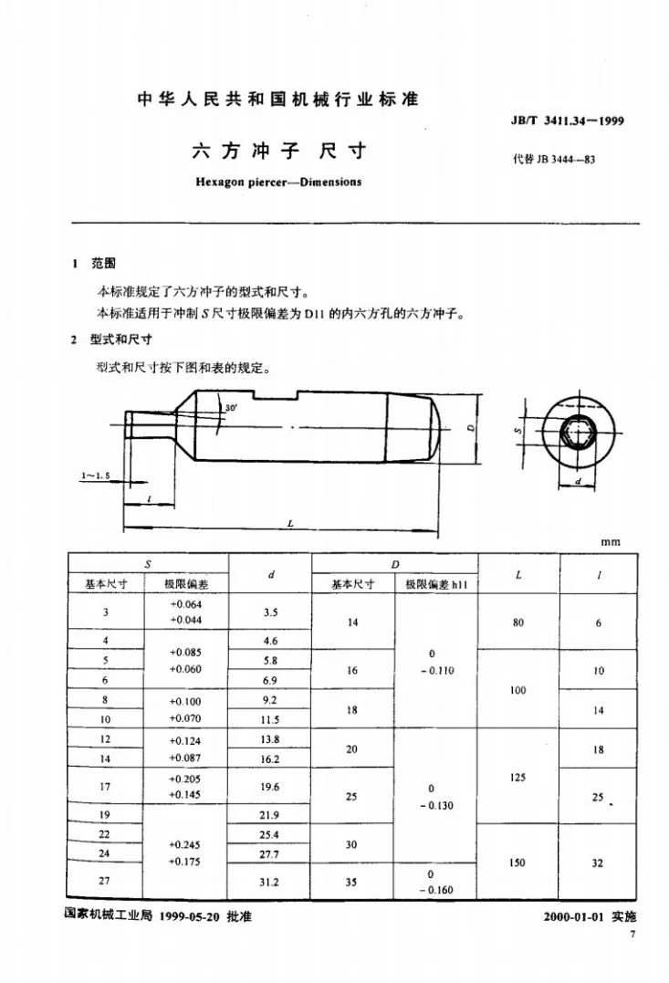 JB/T 3411.34-1999 六方冲子 尺寸第1页预览图