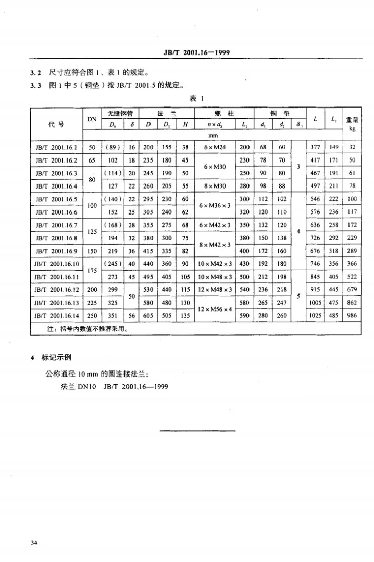JB/T 2001.16-1999 水系统 圆连接法兰 型式与尺寸(PN=31.5MPa)第3页预览图