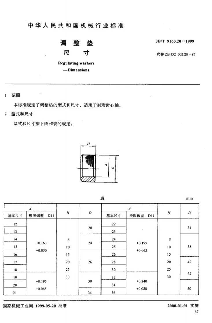 JB/T 9163.20-1999 调整垫 尺寸第2页预览图