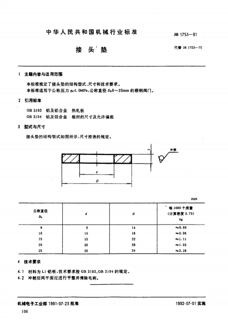 JB 1753-1991 接头垫第1页预览图