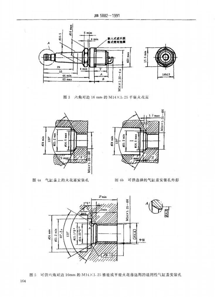 JB 5882-1991 六角对边16mm的M14×1.25平座火花塞及其气缸盖安装孔第2页预览图