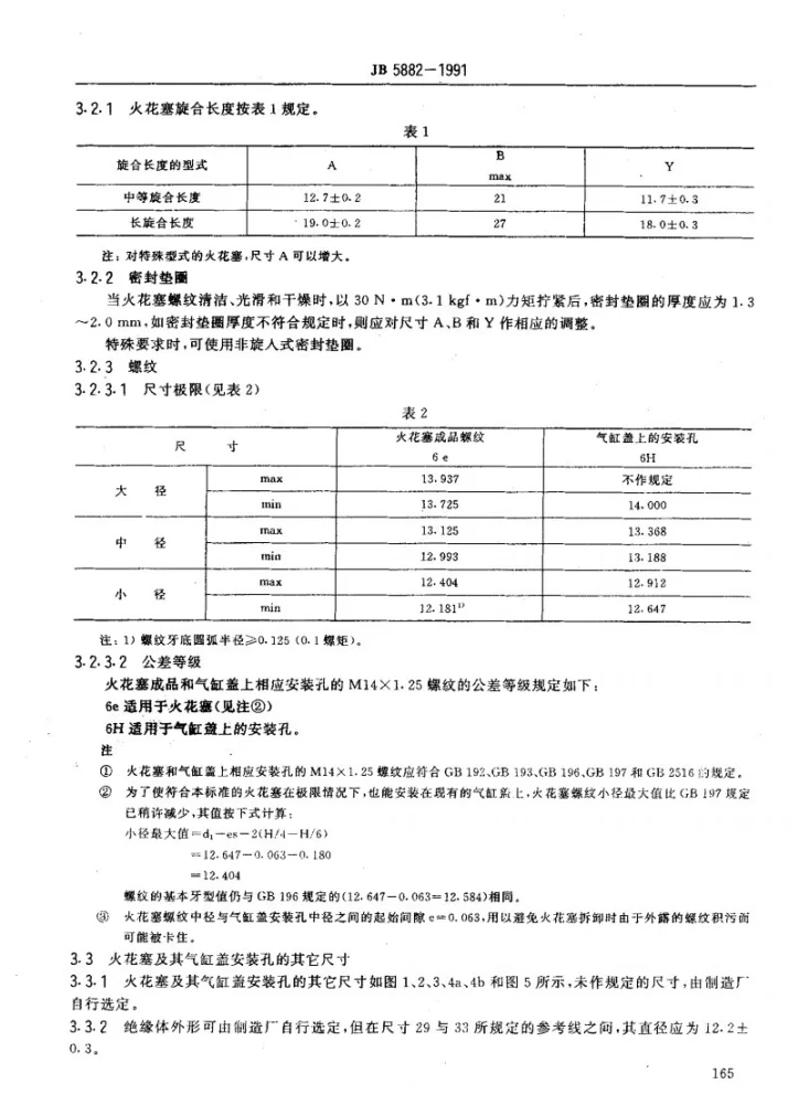 JB 5882-1991 六角对边16mm的M14×1.25平座火花塞及其气缸盖安装孔第3页预览图