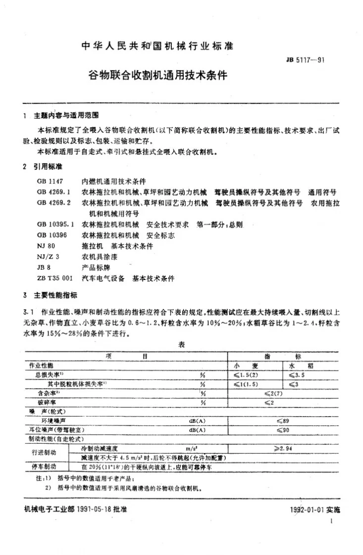 JB 5117-1991 谷物联合收割机通用技术条件第2页预览图