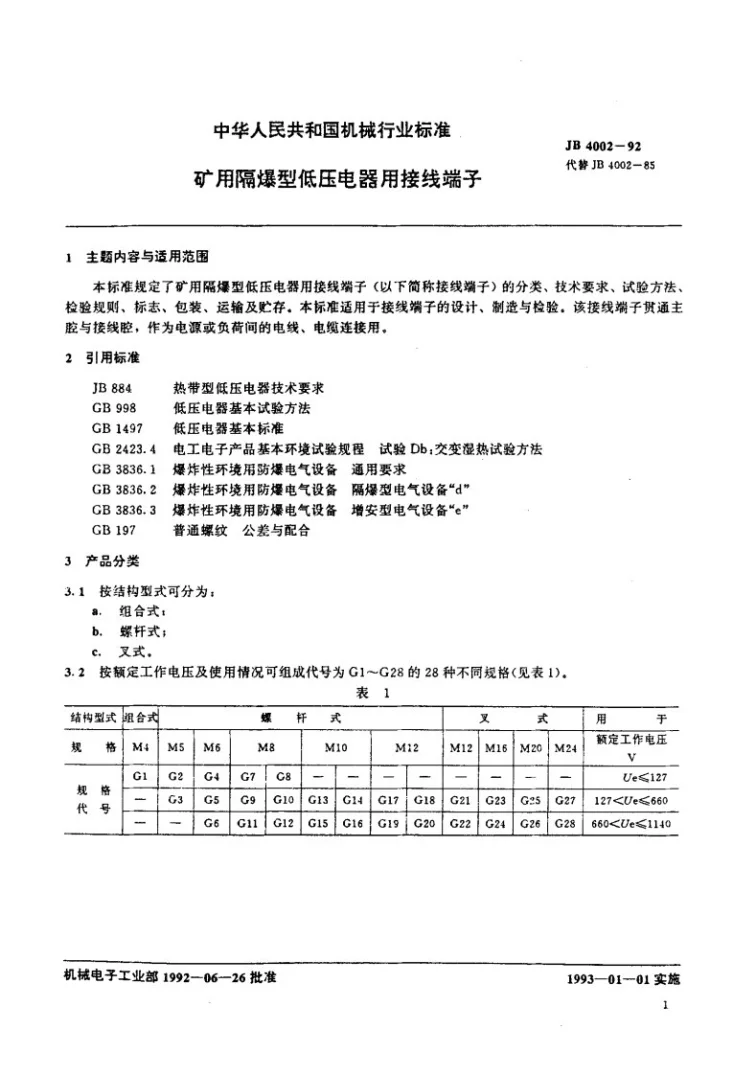 JB 4002-1992 矿用隔爆型低压电器用接线端子第1页预览图