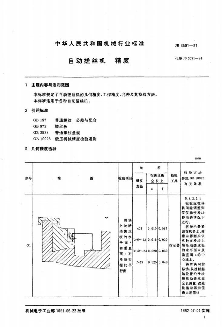 JB 3591-1991 自动搓丝机 精度第2页预览图