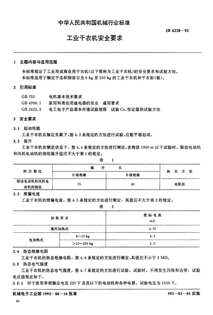 JB 6238-1992 工业干衣机安全要求第1页预览图