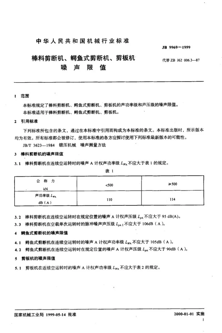 JB 9969-1999 棒料剪断机、鳄鱼式剪断机、剪板机 噪声限值第3页预览图