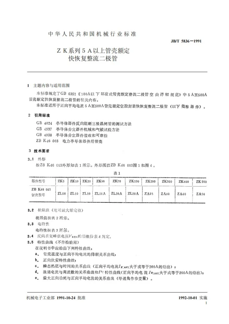 JB 5836-1991 ZK系列5A以上管壳额定快恢复整流二极管第2页预览图