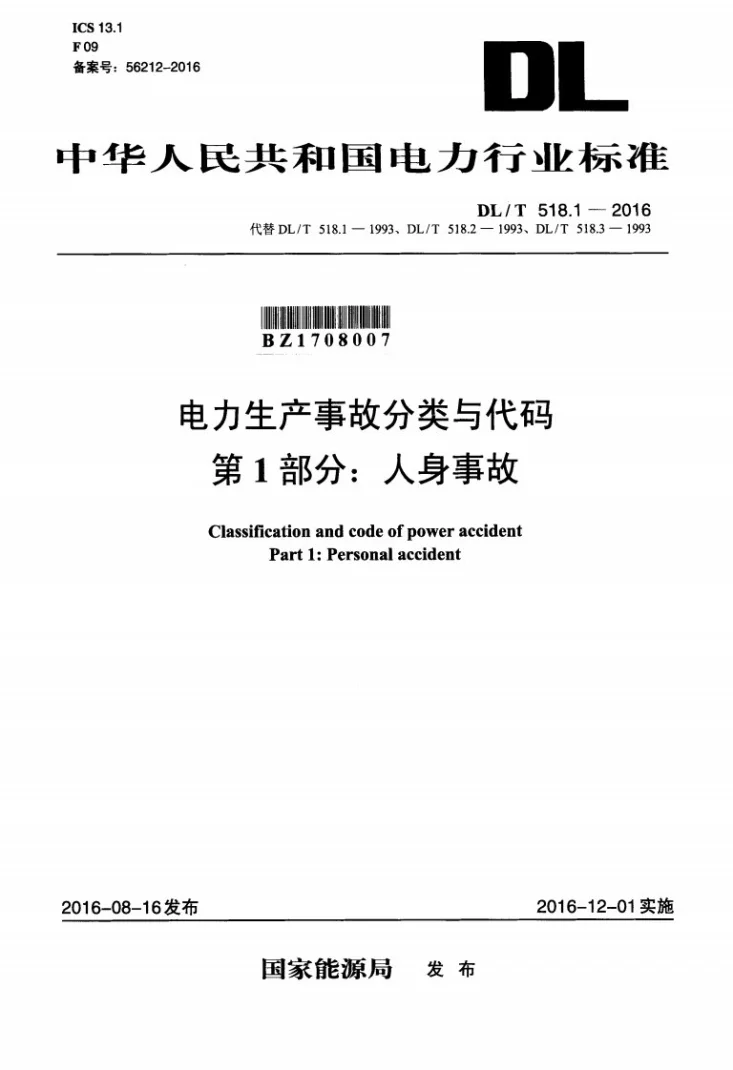 DL/T 518.1-2016 电力生产事故分类与代码 第1部分：人身事故第1页预览图