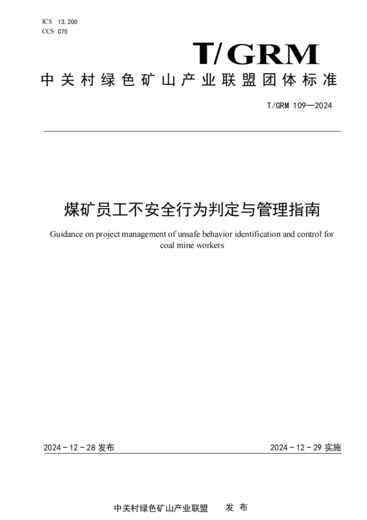T/GRM 109-2024 煤矿员工不安全行为判定与管理指南第1页预览图
