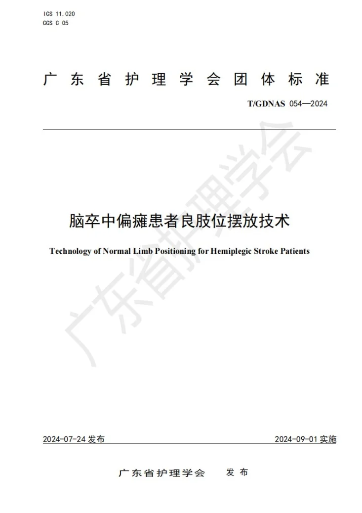 T/GDNAS 054-2024 脑卒中偏瘫患者良肢位摆放技术第1页预览图