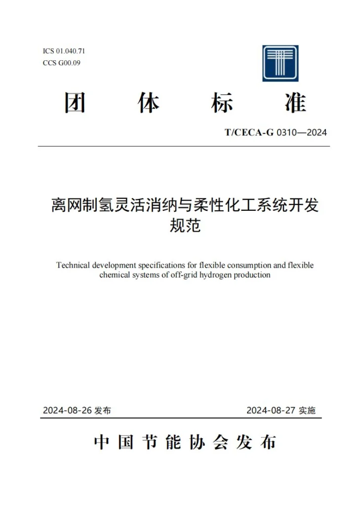 T/CECA-G 0310-2024 离网制氢灵活消纳与柔性化工系统开发规范第1页预览图