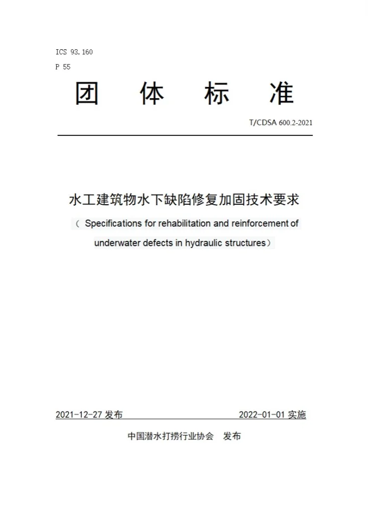 T/CDSA 600.2-2021 水工建筑物水下缺陷修复加固技术要求第1页预览图