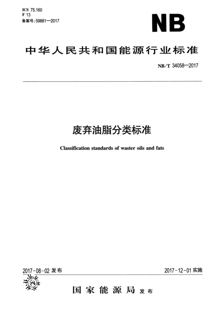 NB/T 34058-2017 废弃油脂分类标准第1页预览图