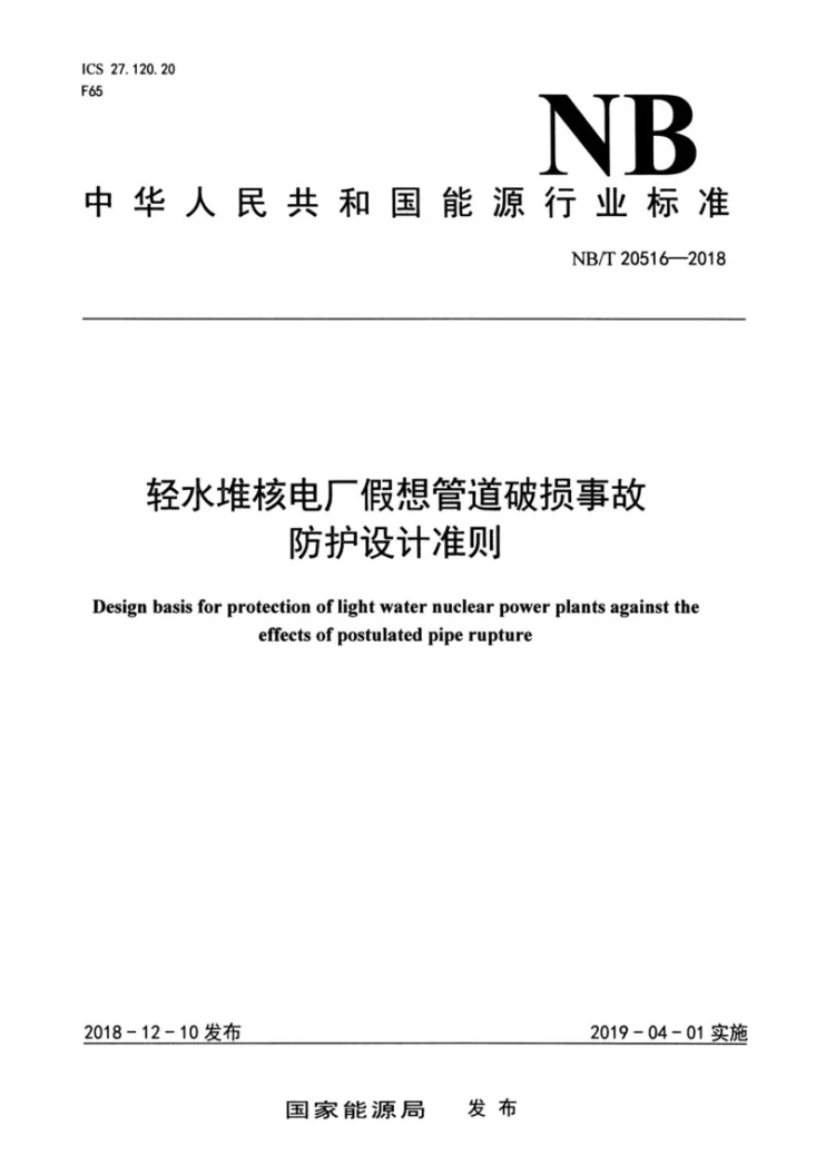 NB/T 20516-2018 轻水堆核电厂假想管道破损事故防护设计准则第1页预览图