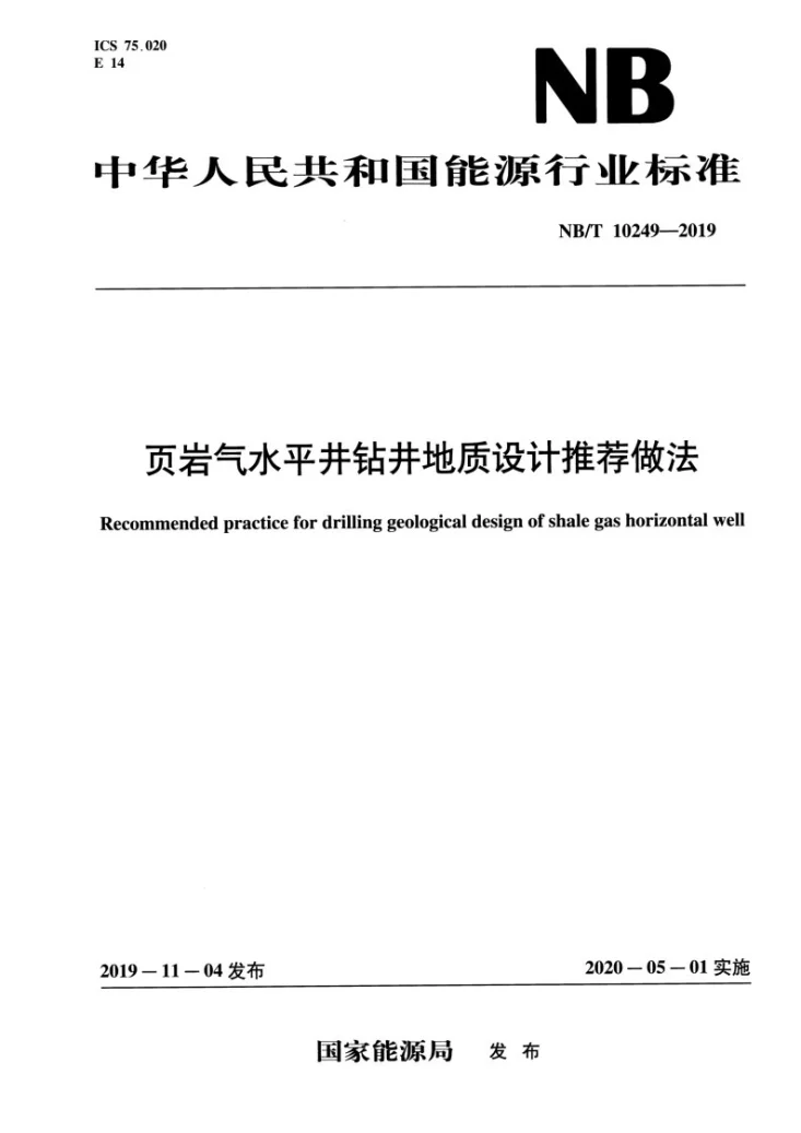 NB/T 10249-2019 页岩气水平井钻井地质设计推荐做法第1页预览图