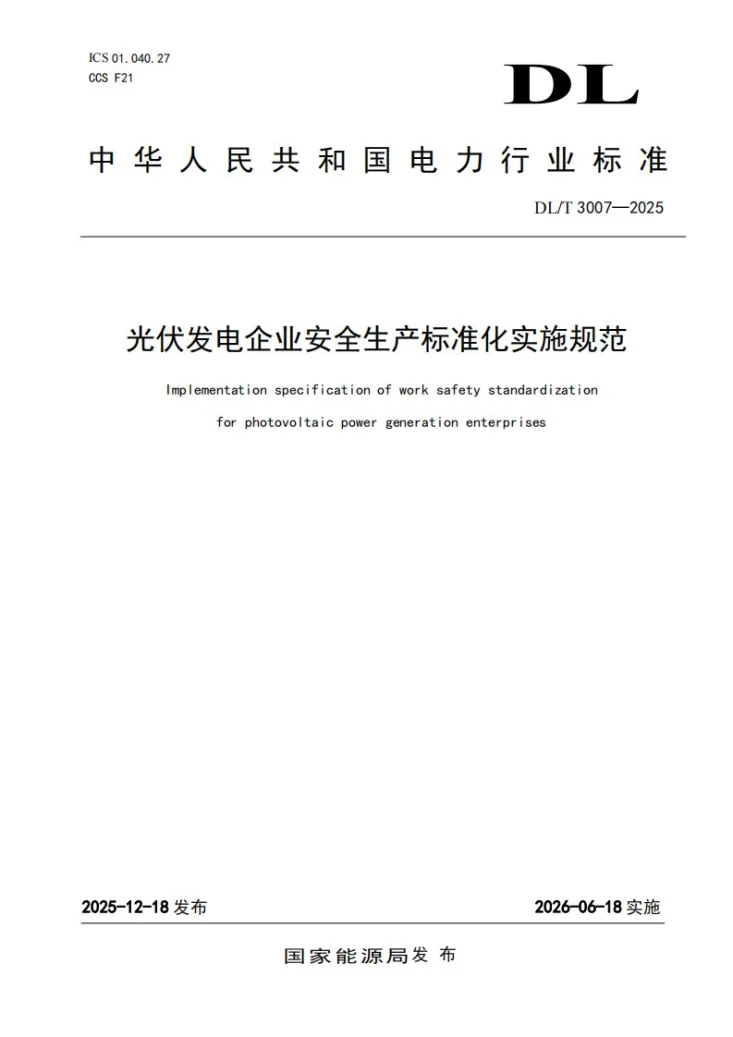 DL/T 3007-2025 光伏发电企业安全生产标准化实施规范第1页预览图