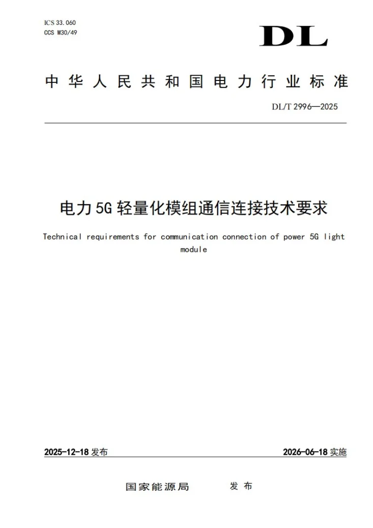 DL/T 2996-2025 电力5G轻量化模组通信连接技术要求第1页预览图
