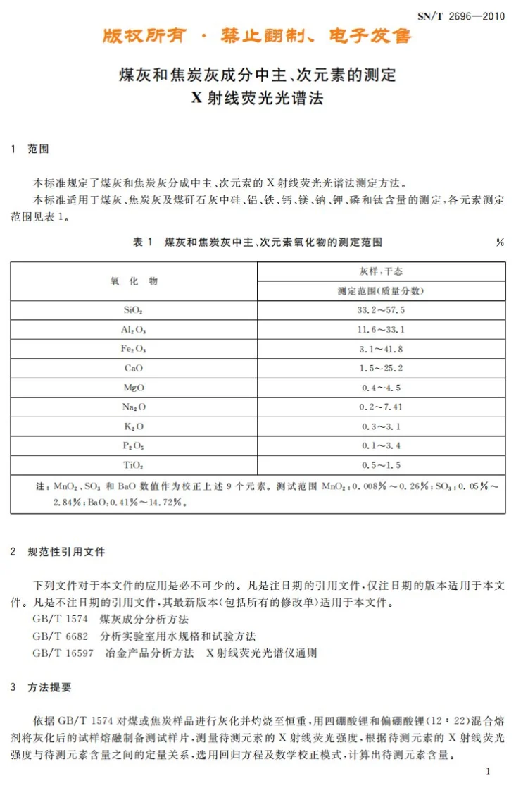 SN/T 2696-2010 煤灰和焦炭灰成分中主、次元素的测定  X射线荧光光谱法第3页预览图