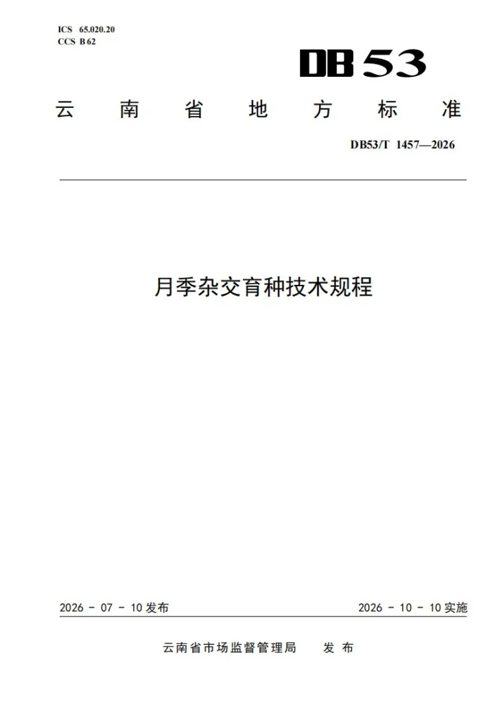 DB53/T 1457-2026 月季杂交育种技术规程第1页预览图