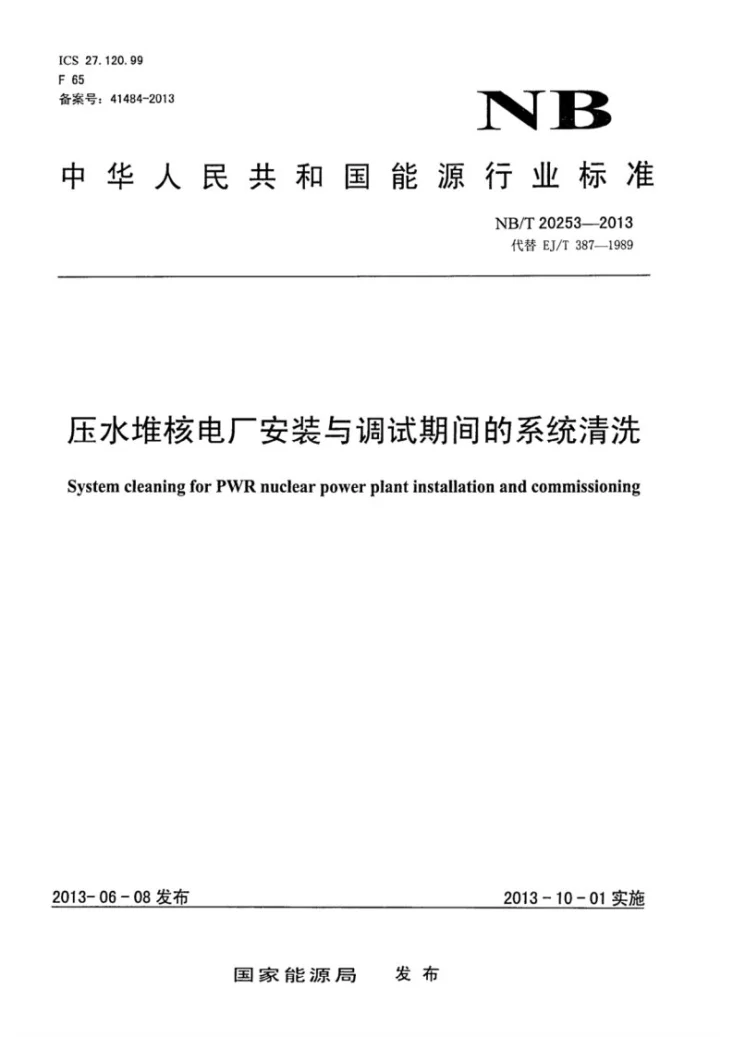 NB/Z 20253-2013 压水堆核电厂安装/调试期间的系统清洗第1页预览图